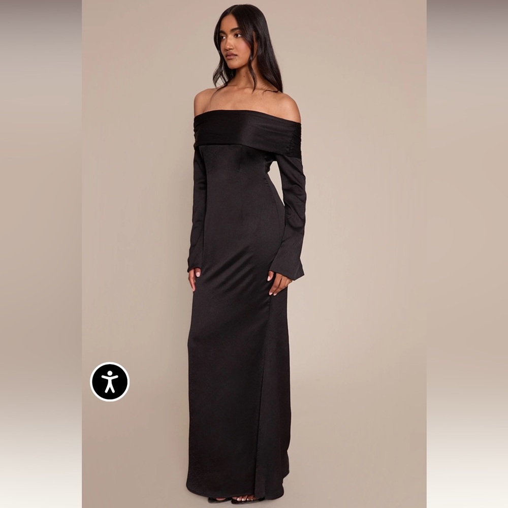 PrettyLittleThing BLACK BARDOT LONG SLEEVE MAXI DRESS